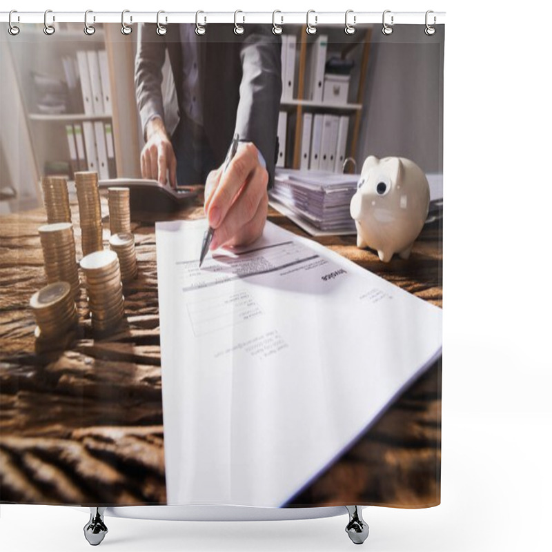 Personality  Close-up Of A Businessperson's Hand Signing Document With Stacked Golden Coins On Wooden Desk Shower Curtains