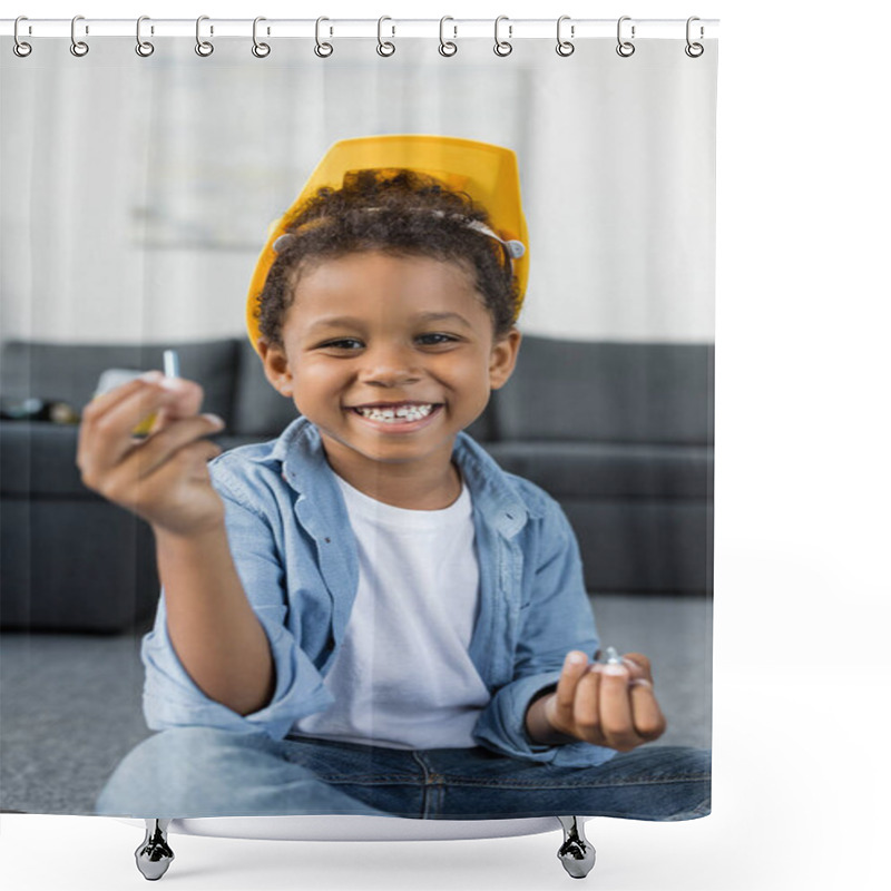 Personality  Happy Afro Boy In Protective Hardhat Shower Curtains