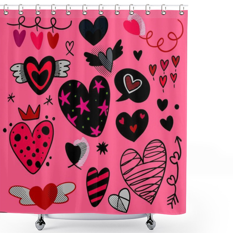 Personality  Playful Hand Drawn Love-themed Doodle Icons Featuring Hearts, Arrows, And Whimsical Designs, Isolated On A Pink Background For Romantic And Fun Designs Shower Curtains