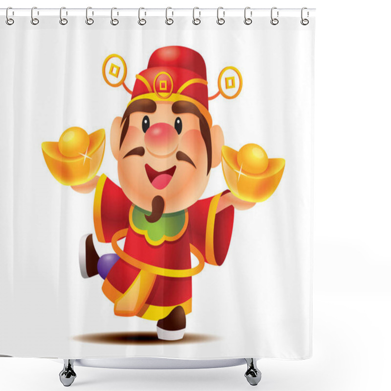 Personality  Chinese New Year. Cartoon Cute God Of Wealth Holding Two Big Gold Ingot, With One Leg Kicking Shower Curtains