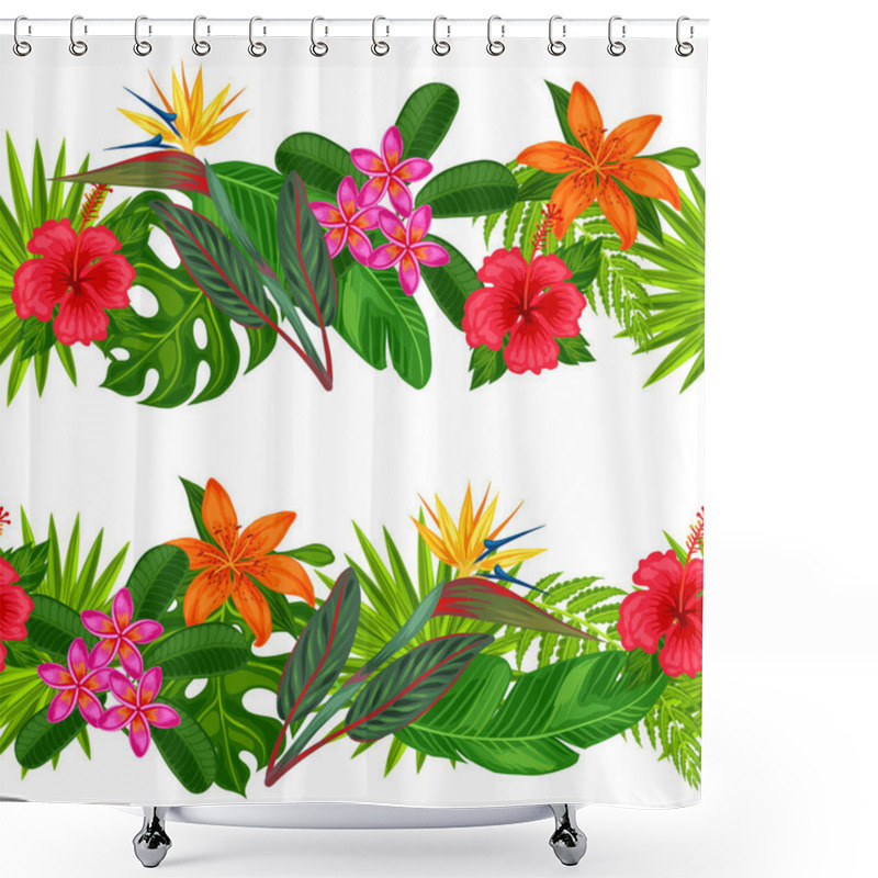 Personality  Seamless Horizontal Borders With Tropical Plants, Leaves And Flowers. Background Made Without Clipping Mask. Easy To Use For Backdrop, Textile, Wrapping Paper. Shower Curtains