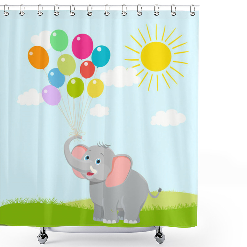 Personality  Baby Elephant With Balloons, Clouds And Sun. Vector Cartoon. Hap Shower Curtains