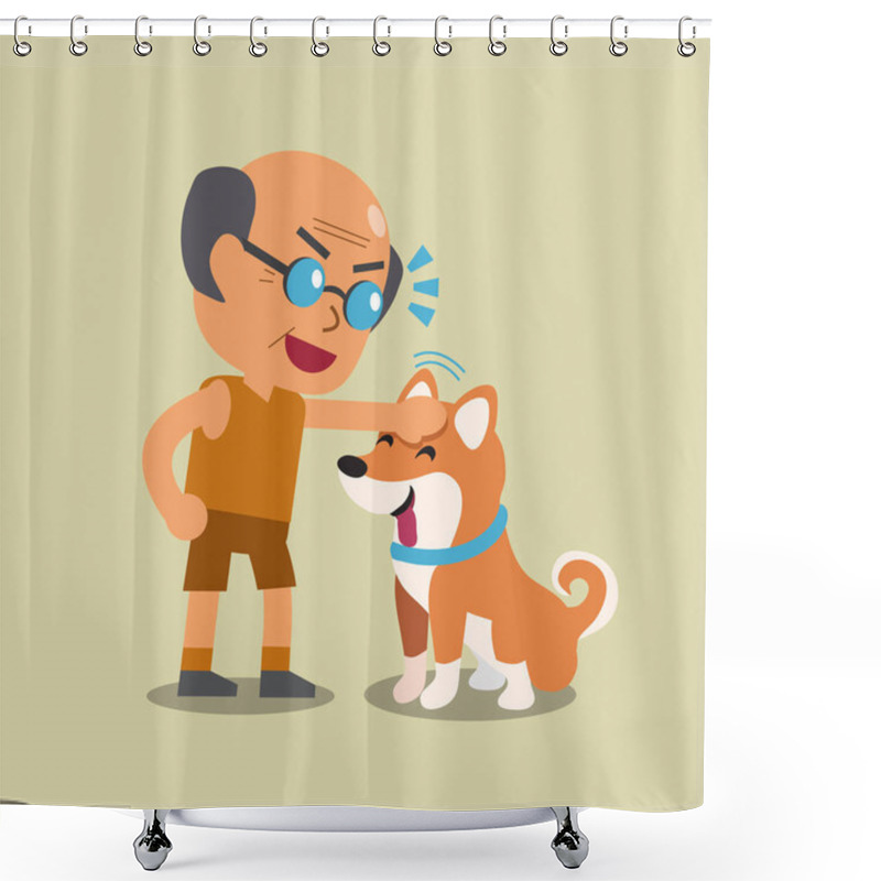 Personality  Cartoon Old Man With His Shiba Inu Dog Shower Curtains