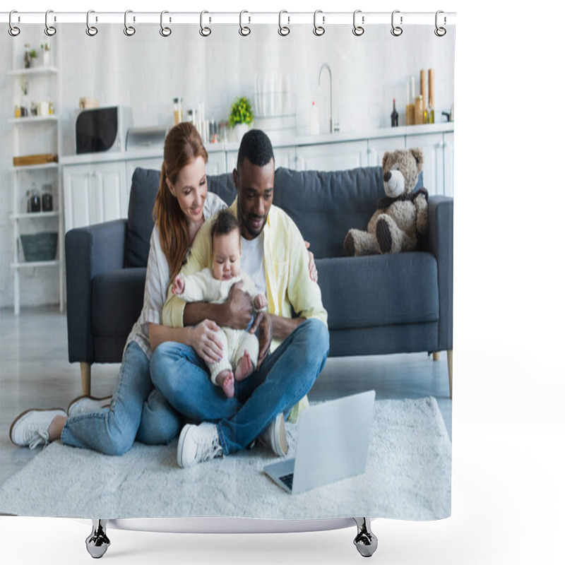 Personality  Multicultural Parents With Baby Girl Watching Movie On Laptop On Floor Shower Curtains