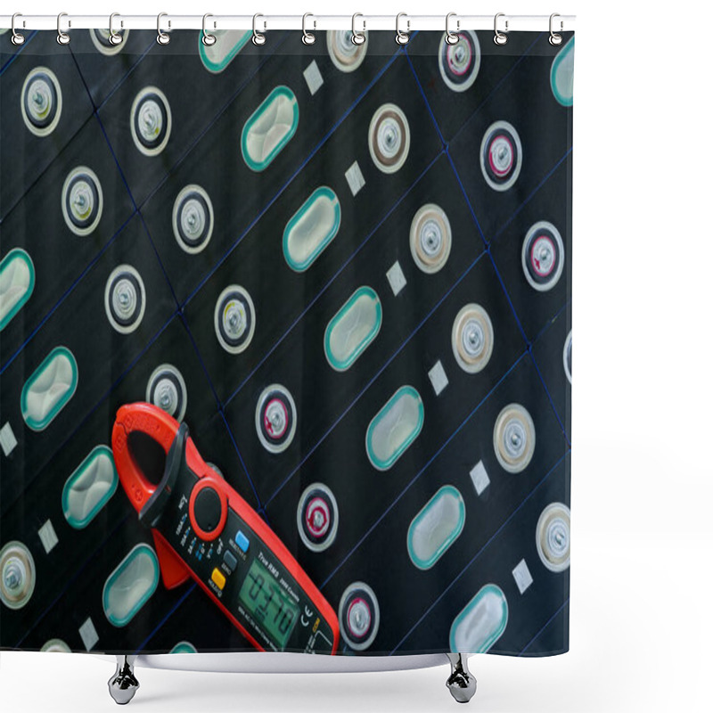 Personality  Electric Vehicle Lithium NMC Battery With Multimeter. Electric Car Battery Manufacturing Factory. Lithium-ion Cell. Lithium NMC Rechargeable Battery. EV Car Energy Storage. Automotive Battery Cell. Shower Curtains