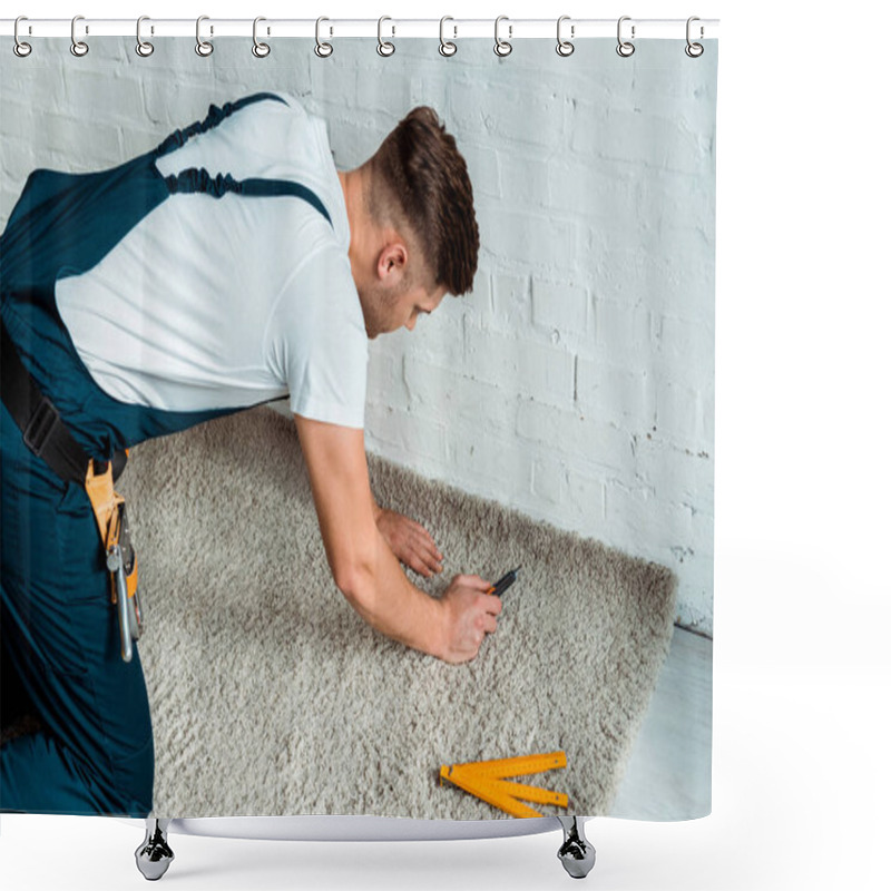 Personality  Installer In Overalls Holding Cutter Near Carpet  Shower Curtains