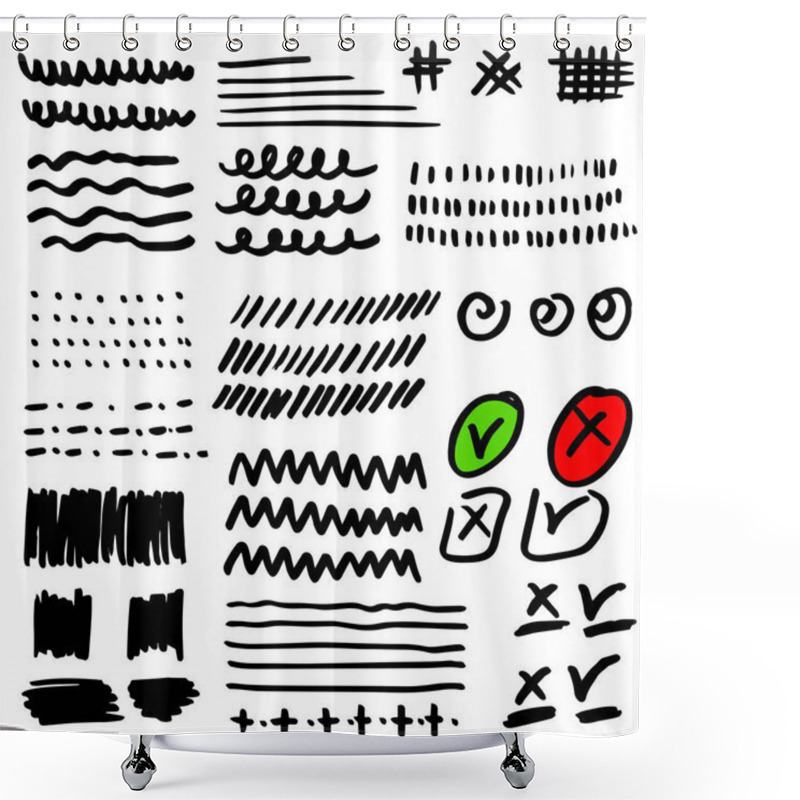 Personality  Set Of Hand Drawn Grunge Strokes. Check Marks, Lines, Circles,  Spirals, Waves, Brush Strokes,smears. Hand Drawn Abstracts Elements For Your Concept Design Shower Curtains