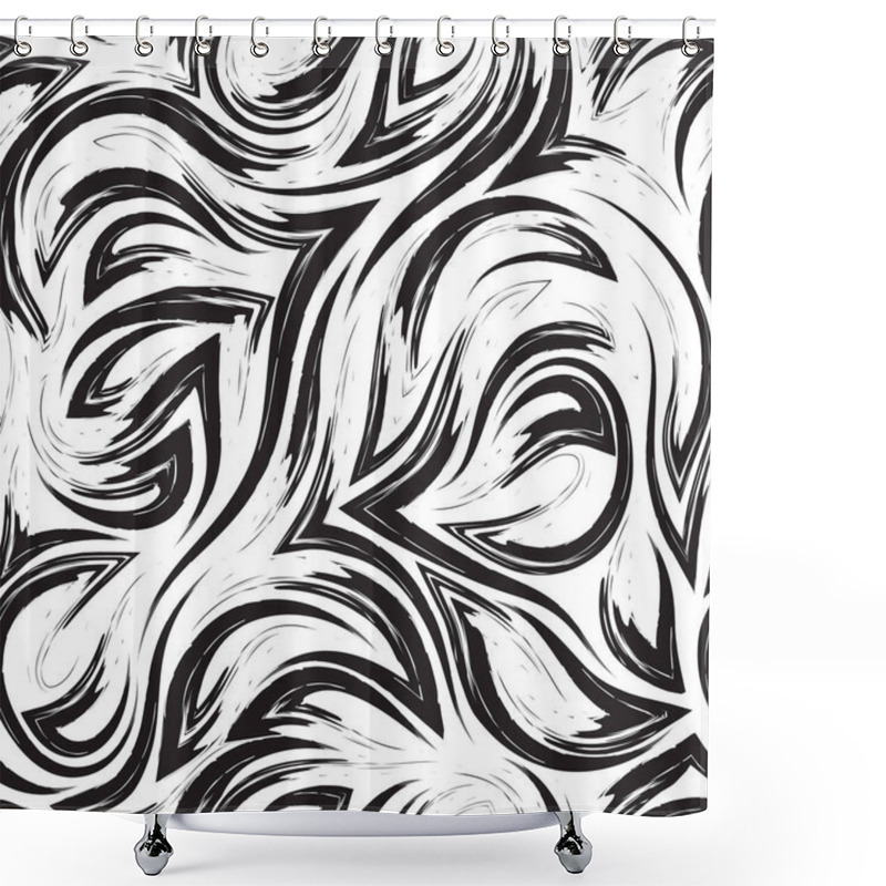 Personality  Black Vector Geometric Seamless Pattern From Corners Of Flowing Lines And Waves Isolated On White Background.Water Or Sea Flow Texture Shower Curtains