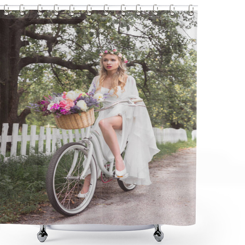 Personality  Beautiful Young Blonde Bride Riding Bicycle With Flower Basket  Shower Curtains