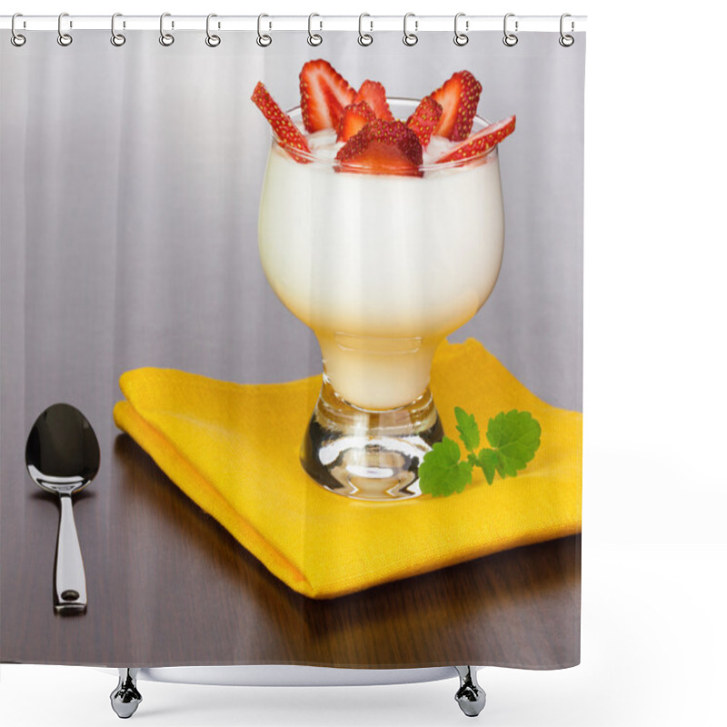 Personality  Yogurt With Strawberry Slices In A Kremanka On A Yellow Napkin With A Spoon, Located On A Brown Table With A Wood Structure Shower Curtains