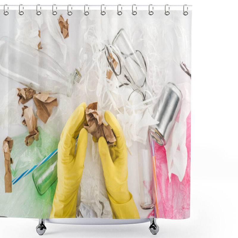 Personality  Cropped View Of Man Holding Paper Among Can, Glass Bottles, Plastic Bags, Paper Strips And Plastic Tubes Shower Curtains