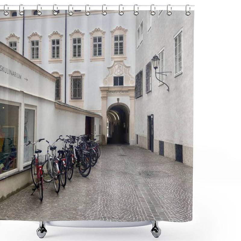 Personality  Salzburg, Austria - October 1 2024: Bicycles Lined Up In A Historic European Courtyard Near Erzabtei St. Peter, Surrounded By Elegant Architecture And Cobblestone Streets. High Quality Photo Shower Curtains