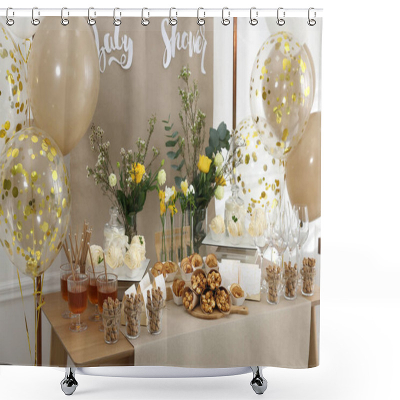 Personality  Tasty Treats And Glasses Of Drink On Table In Room. Baby Shower Party Shower Curtains