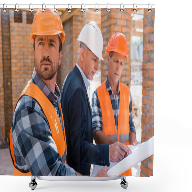 Personality  Selective Focus Of Constructor In Helmet Near Coworker And Businessman  Shower Curtains