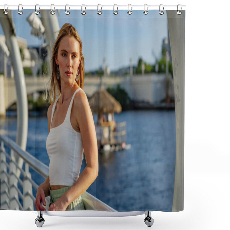 Personality  A Stunning Young Blonde Model Strikes A Pose Downtown, Her Chic Summer Outfit Perfectly Contrasting Against The Vibrant Blue Sky. She Exudes Confidence, Radiating Warmth And Effortless Style. Shower Curtains