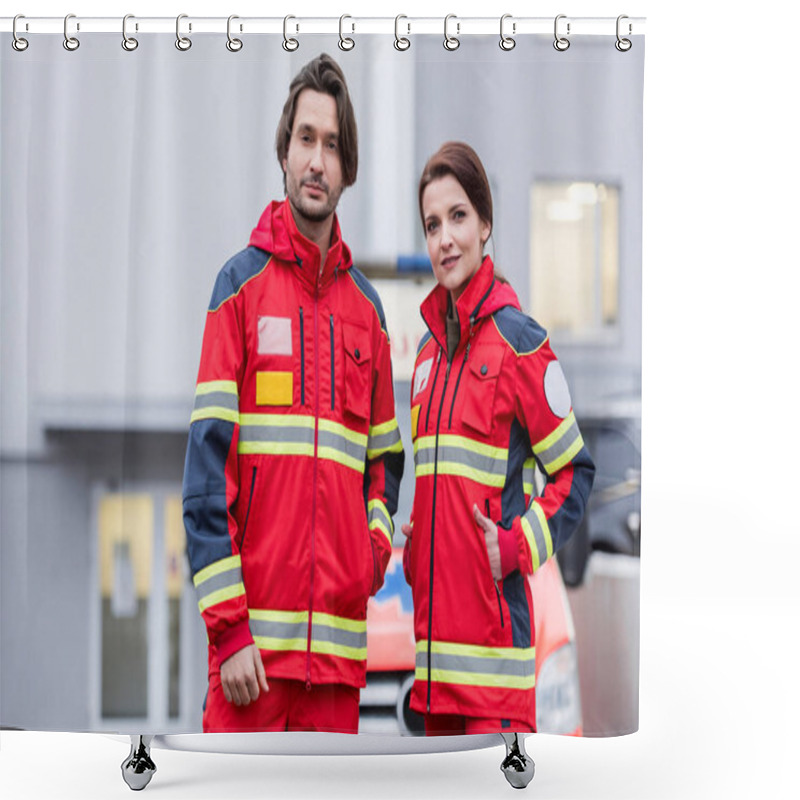 Personality  Paramedics In Red Uniform Standing On Street And Looking At Camera Shower Curtains