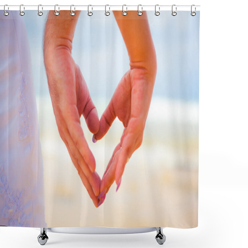 Personality  Hands In The Shape Of A Heart On The Background Of The Sea Shower Curtains