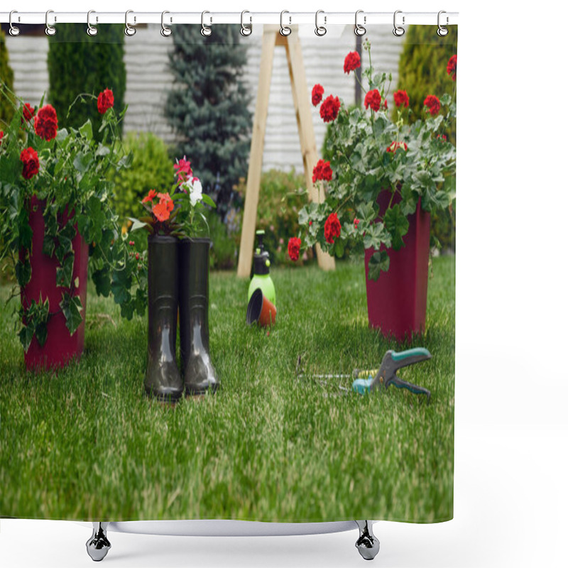 Personality  Gardening Tools And Rubber Boots, Nobody. Gardener Or Florist Equipment. Watering Spray, Hoe And Pruners On The Grass Near The Flower Bed And Flowerpots, Summer Hobby, Garden Shower Curtains