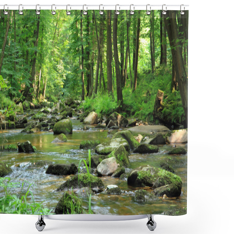 Personality  Small River In The Green Forest  Shower Curtains