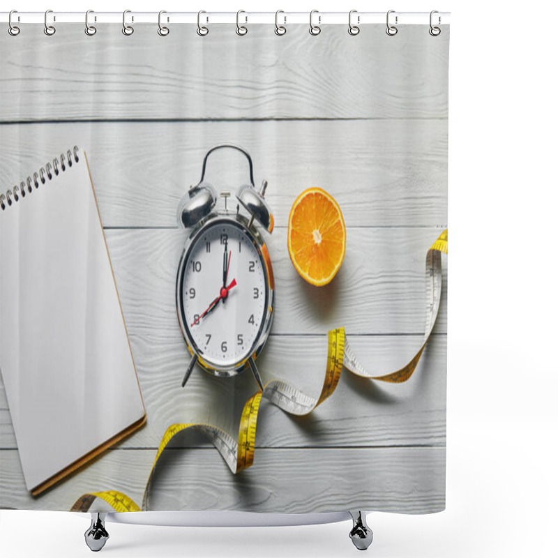 Personality  Top View Of Orange Half, Blank Notebook And Measuring Tape Near Alarm Clock On Wooden White Background  Shower Curtains