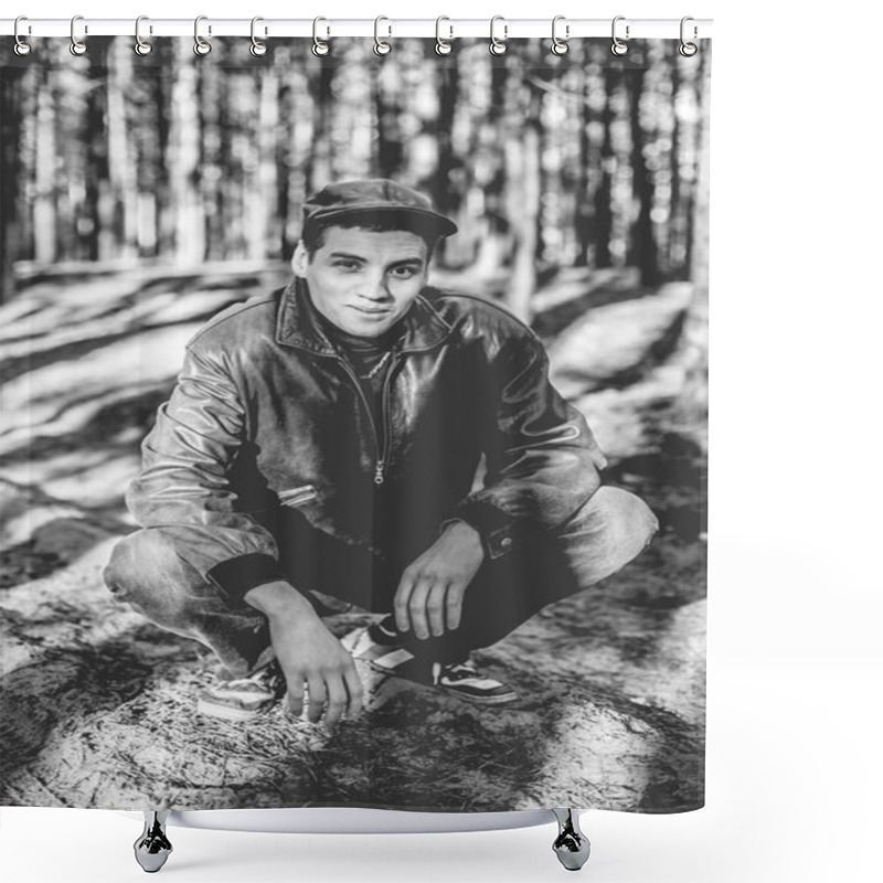 Personality  A Guy In A Leather Jacket And Cap Sits On A Road In A Pine Forest Shower Curtains