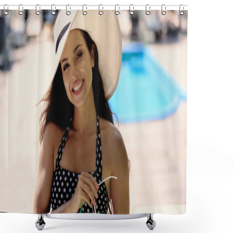 Personality  Stylish Woman In Straw Hat Smiling While Holding Sunglasses  Shower Curtains