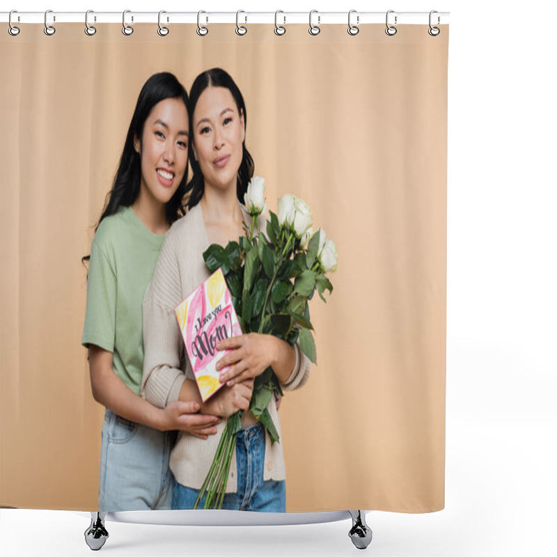 Personality  Happy Asian Woman Hugging Mother With Flowers And Greeting Card Isolated On Beige Shower Curtains