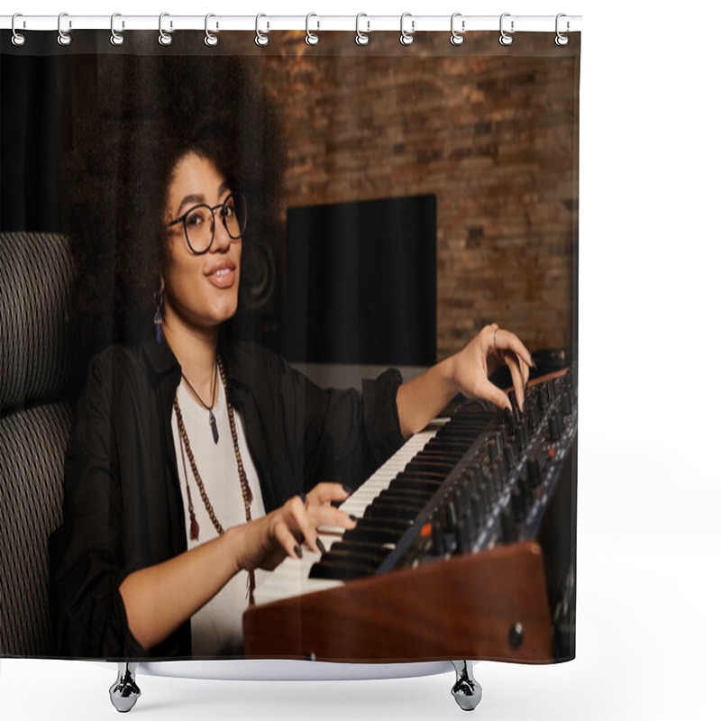 Personality  Female With Afro Hair Energetically Playing A Keyboard In A Recording Studio During A Music Band Rehearsal. Shower Curtains