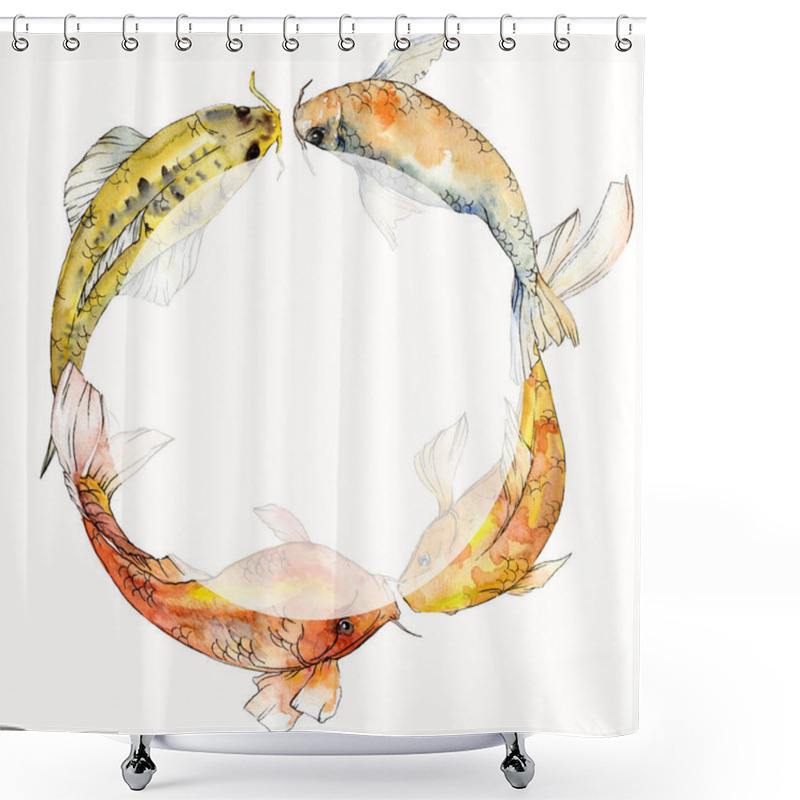 Personality  Watercolor Aquatic Underwater Tropical Fish Set. Red Sea And Exotic Fishes Inside: Goldfish. Frame Border Square. Shower Curtains