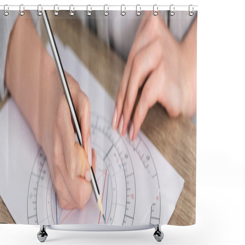 Personality  Cropped View Of Astrologer Drawing Natal Chart On Wooden Table, Panoramic Shot Shower Curtains