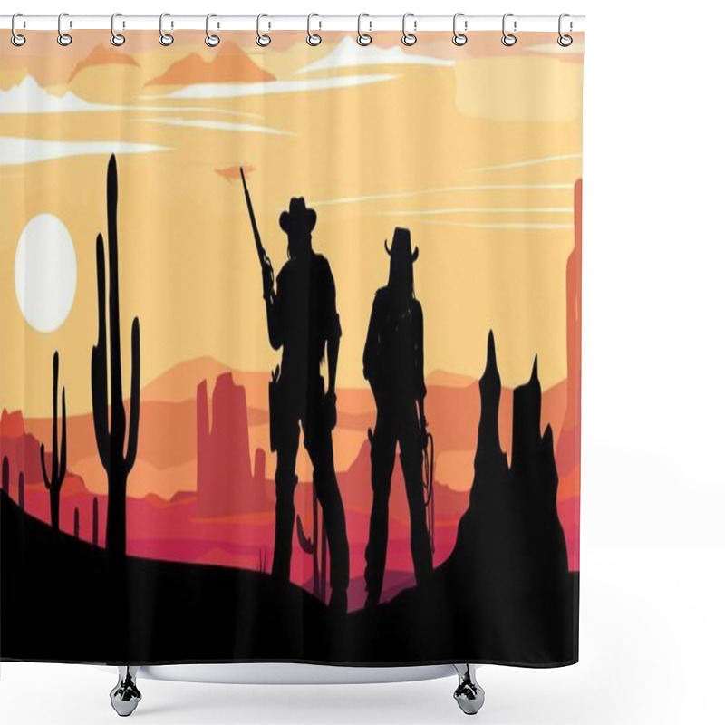 Personality  Two Cowboys Standing With Gun And Lasso Silhouettes Against Desert Sunset Landscape Scene Background. Cowboy And Cowgirl Vector Art Illustration. Texas Western Wild West Desert Banner. Shower Curtains