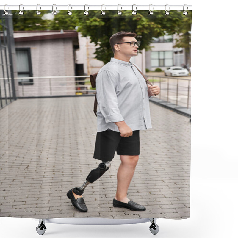 Personality  Modern Young Man With A Prosthetic Leg Strolls Along An Urban Walkway Showcasing Style. Shower Curtains