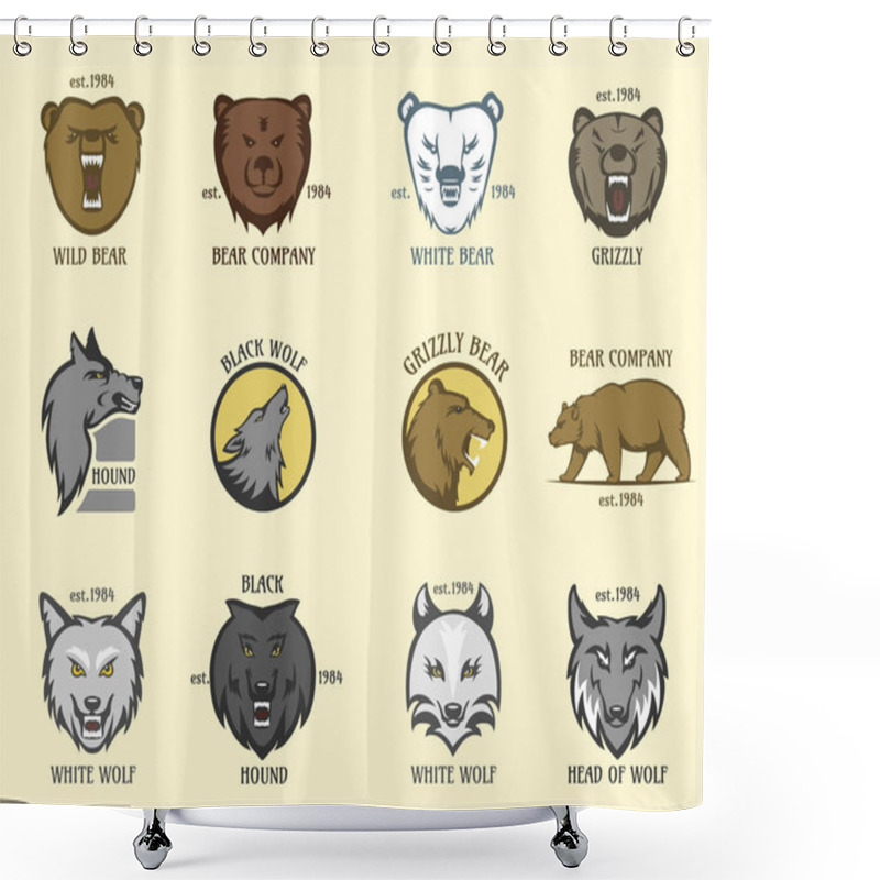 Personality  Bear And Wolf Head Animal Badge Vector Illustration. Shower Curtains