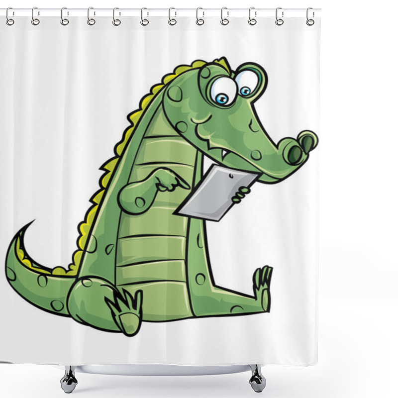 Personality  Cartoon Crocodile Using A Computer Tablet Shower Curtains