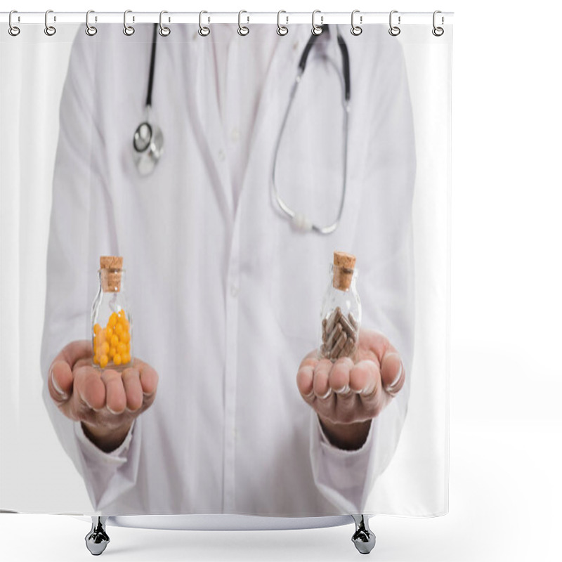 Personality  Cropped View Of Male Doctor Holding Two Bottles With Pills Isolated On White Shower Curtains