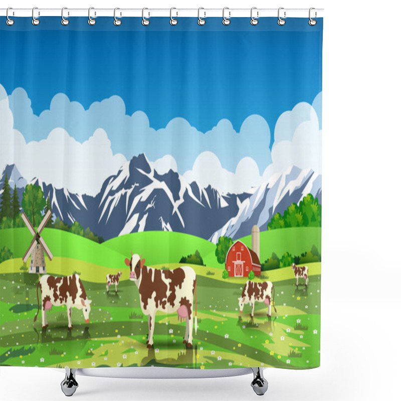 Personality  Rural Sunrise Landscape With Cows And Farm Shower Curtains