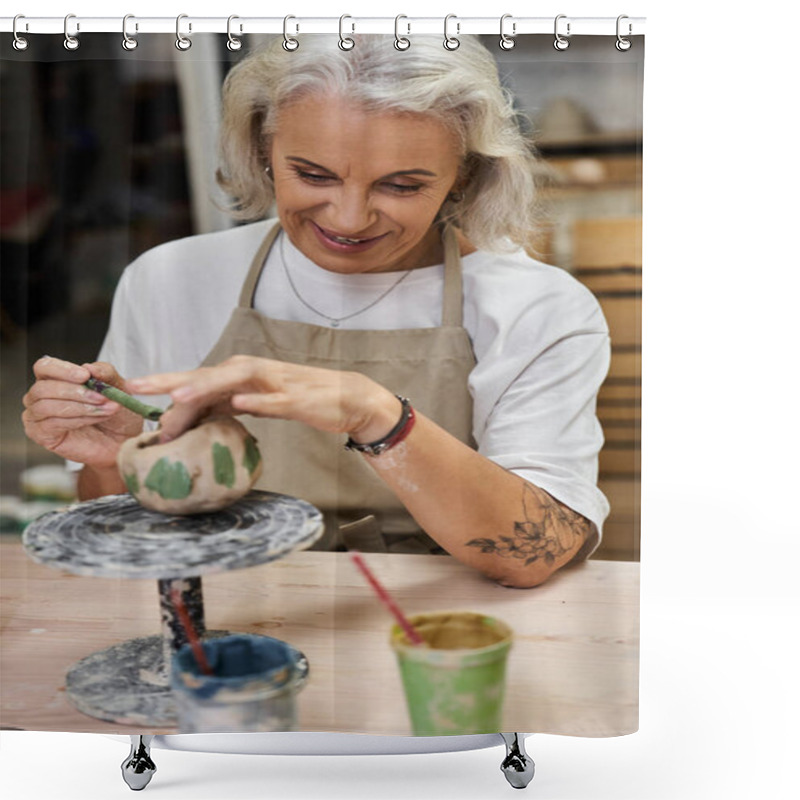 Personality  A Skilled Mature Woman Carefully Shapes Her Pottery Artwork With Passion And Joy. Shower Curtains