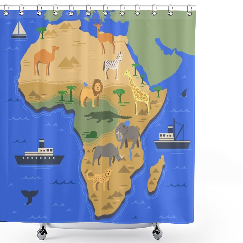 Personality  Stylized Africa Map With Indigenous Animals And Nature Symbols. Simple Geographical Map. Flat Vector Illustration Shower Curtains