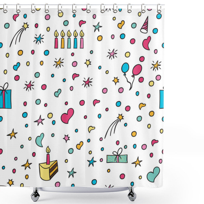 Personality  Hand Drawn Party Doodle Happy Birthday Party Background. With Air Balloons, Candles, Stars, Gifts, Confetti, And Bunting Flags Garlands. - Vector Shower Curtains