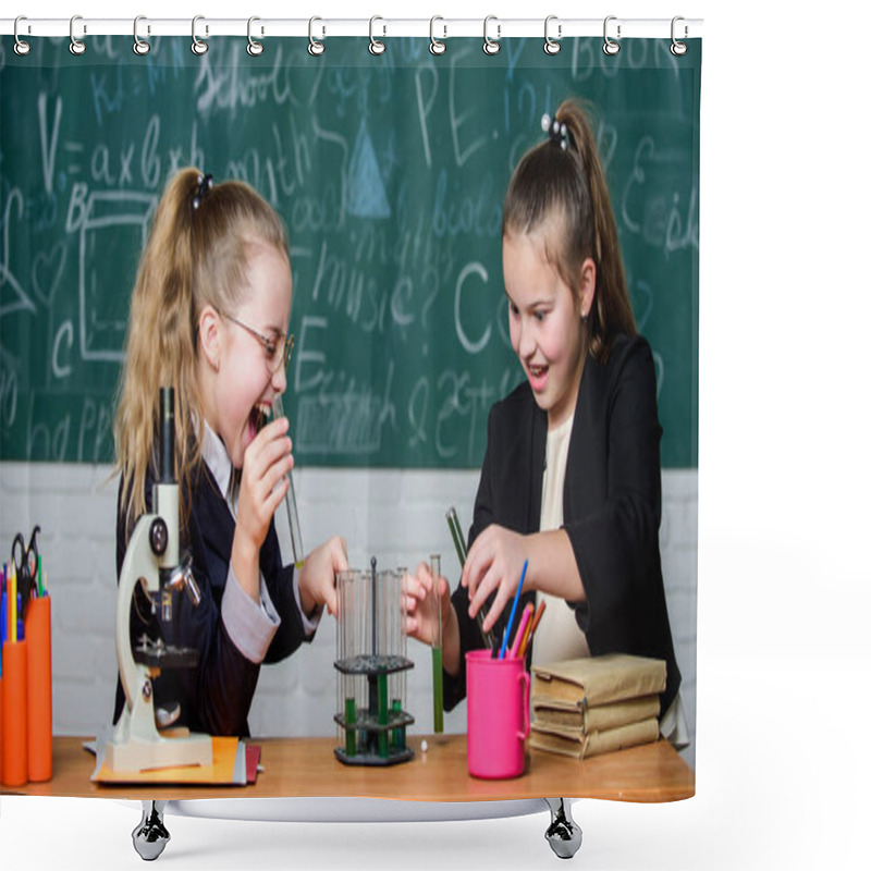 Personality  Educational Experiment Concept. Microscope And Test Tubes On Table. Be Careful Performing Chemical Reaction. Basic Knowledge Of Chemistry. Girls Study Chemistry. Make Studying Chemistry Interesting Shower Curtains