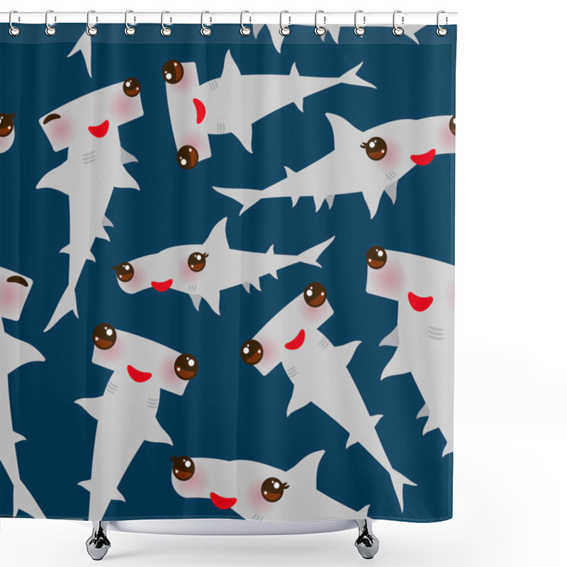 Personality  Seamless Pattern Cartoon Gray Smooth Hammerhead Winghead Shark Kawaii With Pink Cheeks And Winking Eyes Positive Smiling On Dark Blue Background. Vector Illustration Shower Curtains