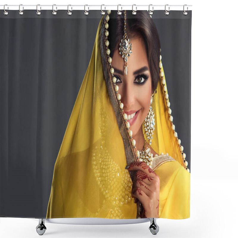 Personality  Beautiful Indian Girl . Young Hindu Woman Model With Tatoo Mehndi And Kundan Jewelry . Traditional Indian Costume Yellow Saree . Indian Or Muslim Woman Covers Her Face. Shower Curtains