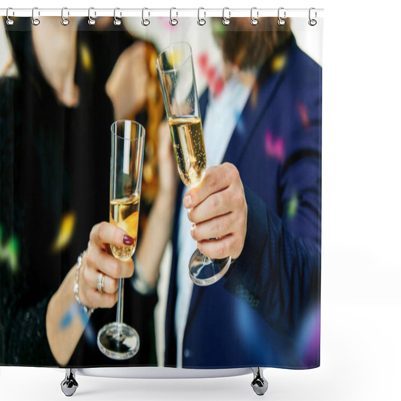 Personality  Celebration. Hands Holding The Glasses Of Champagne And Wine Making A Toast. Shower Curtains