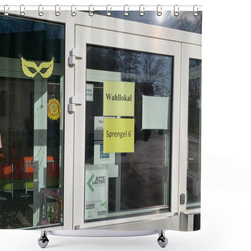 Personality  Ganserndorf, Lower Austria - January 26, 2025: Entrance Door To Polling Station Established In An Austrian School Building During Municipal Council Election. Shower Curtains