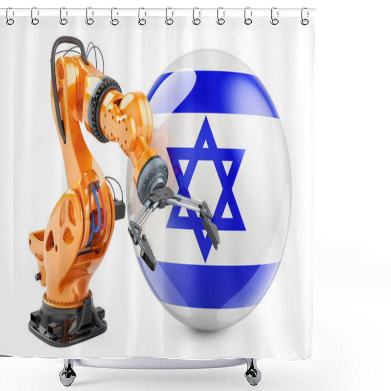 Personality  Robotic Arm With Israeli Flag. Modern Technology, Industry And Production In Israel Concept, 3D Rendering Isolated On White Background Shower Curtains