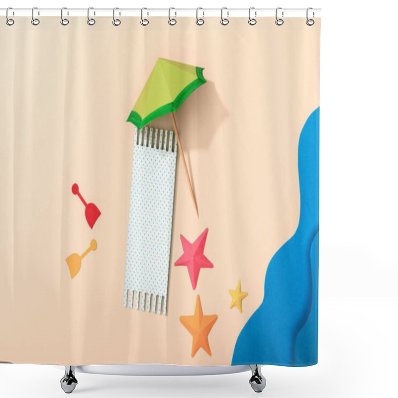 Personality  Top View Of Paper Cut Beach With Towel, Umbrella And Starfishes Near Sea Shower Curtains