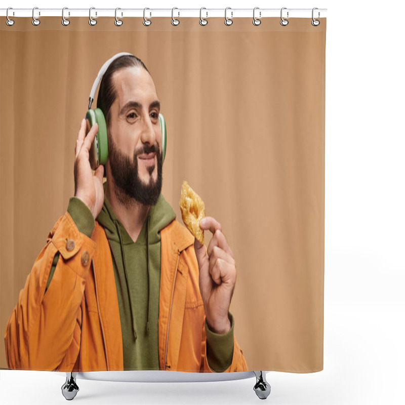 Personality  Cheerful Man In Headphones Holding Honey Baklava On Beige Background, Middle Eastern Dessert Shower Curtains