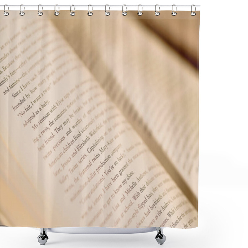 Personality  Close Up View Of Open Book With Blurred Pages At Background  Shower Curtains