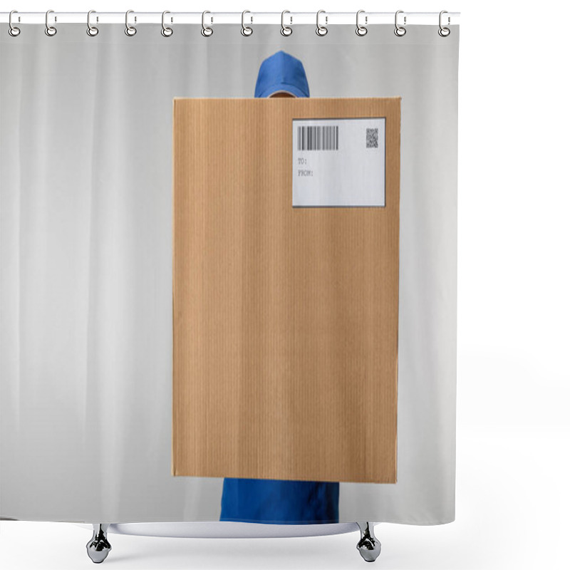 Personality  Delivery Man In Uniform Holding Cardboard Box With Qr Code And Barcode Isolated On Grey Shower Curtains