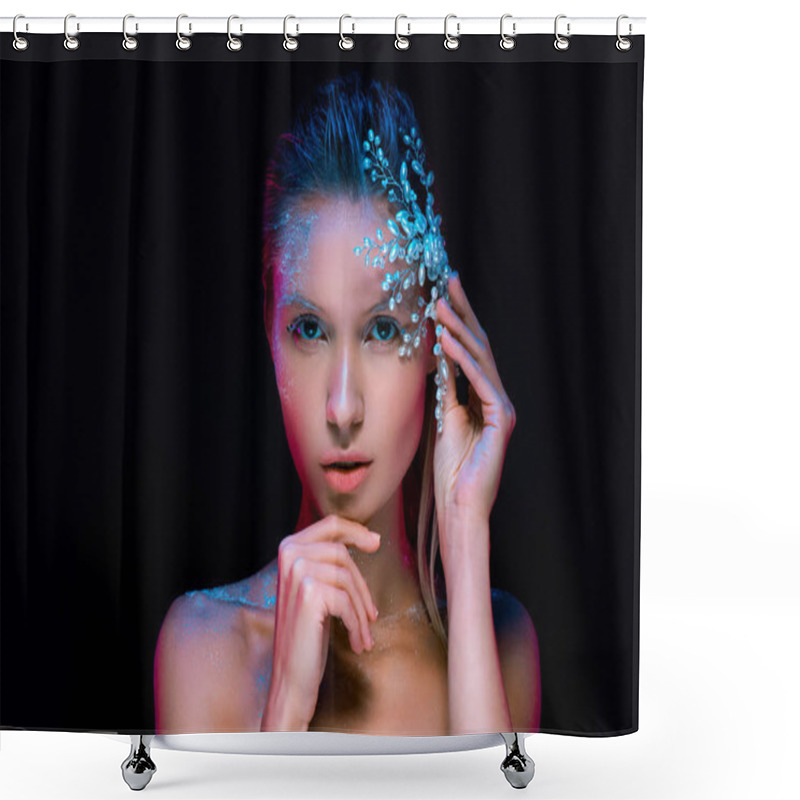 Personality  Winter Beautiful  Woman With Decorative Snowflake Looking At Camera Isolated On Black Shower Curtains